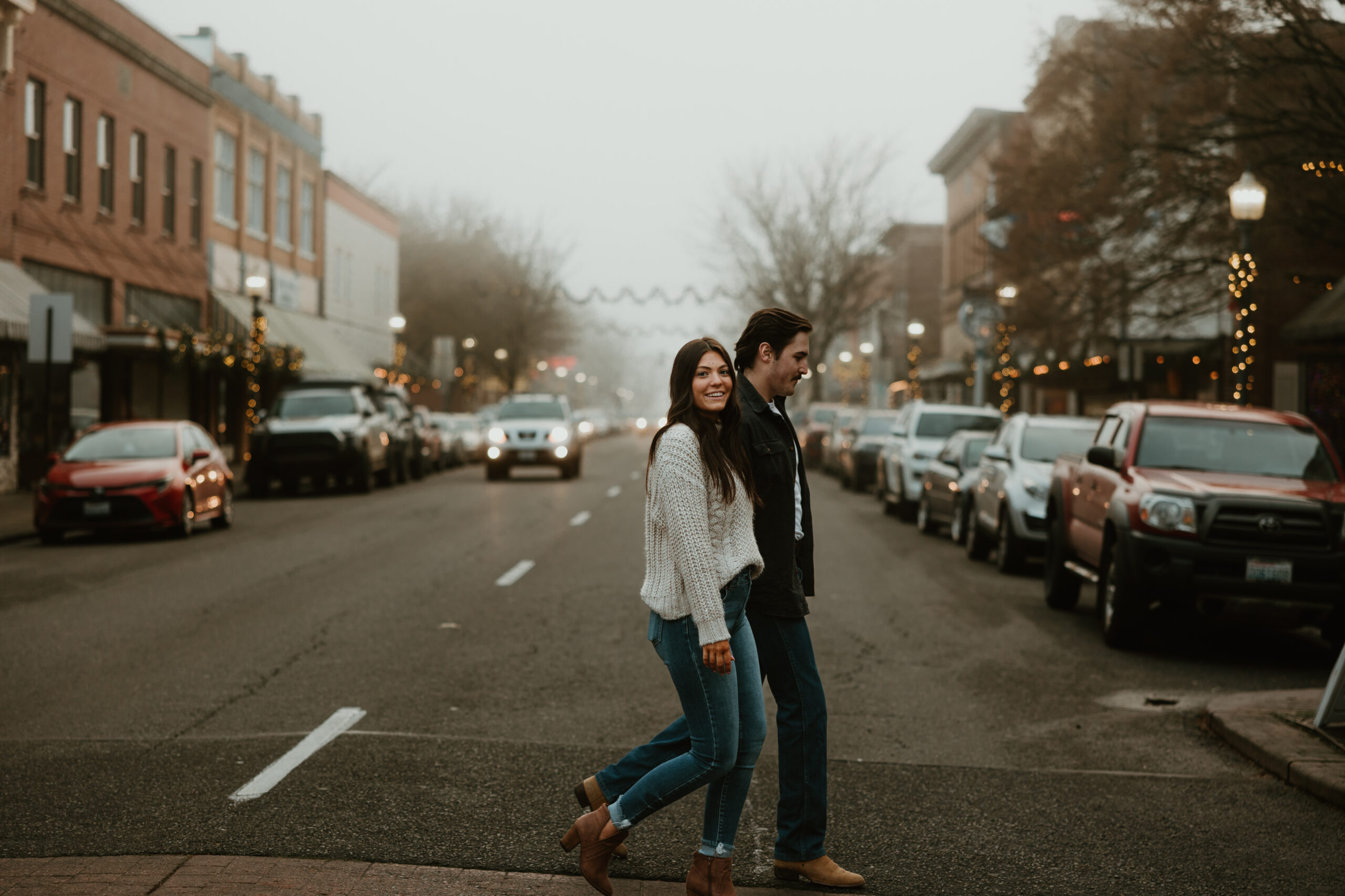 couple walking across the street in Centralia Washington